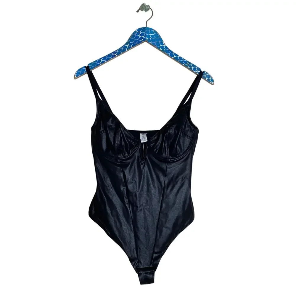 POPILUSH Shapewear Black Faux Leather Plunging V Sculpting Corset Bodysuit Large - Picture 2 of 9